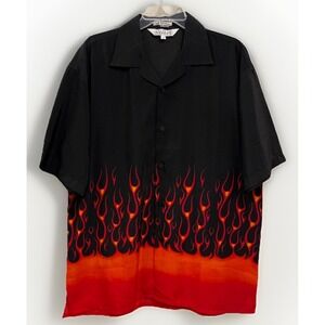 Elliot Sport Vintage Black Flames Short Sleeve Button Up Camp Shirt Men's Size L